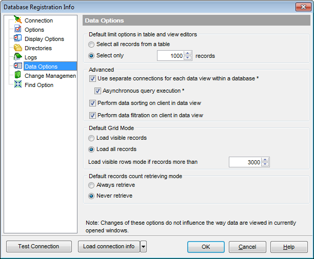 Database Registration Info - Setting data options