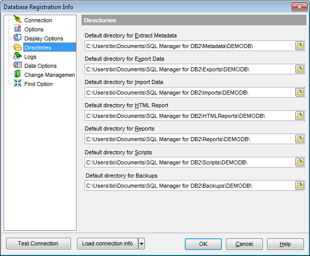 Database Registration Info - Setting default directories