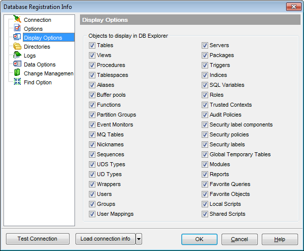 Database Registration Info - Setting display options