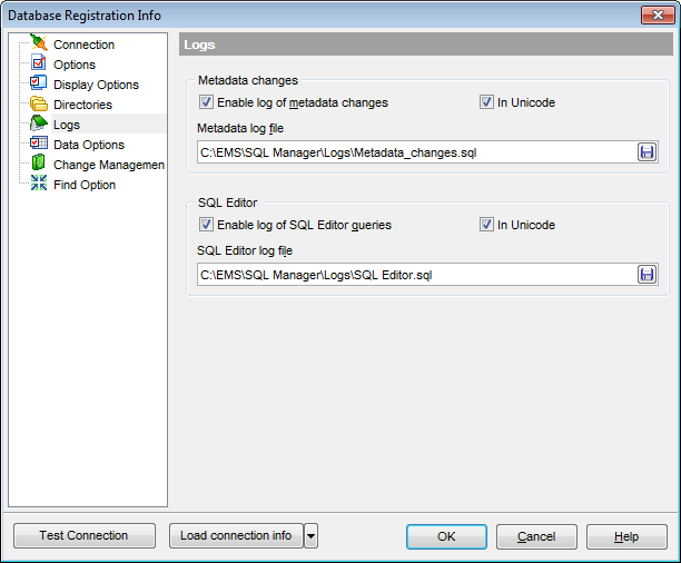 Database Registration Info - Setting log options
