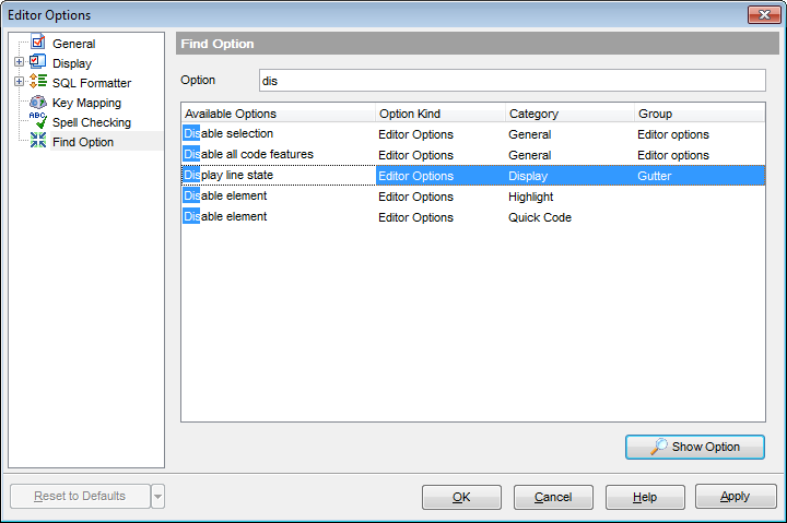 Editor Options - Find Option