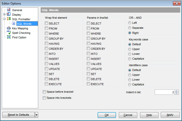 Editor Options - SQL Formatter - SQL Words