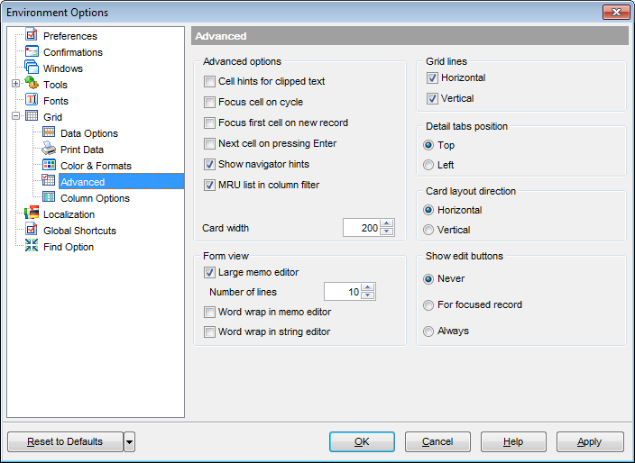 Environment Options - Grid - Advanced