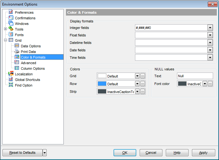 Environment Options - Grid - Color & Formats