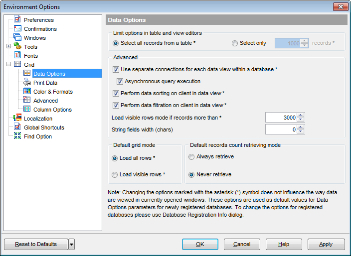 Environment Options - Grid - Data Options