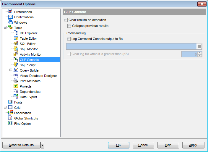 Environment Options - Tools - CLP Console