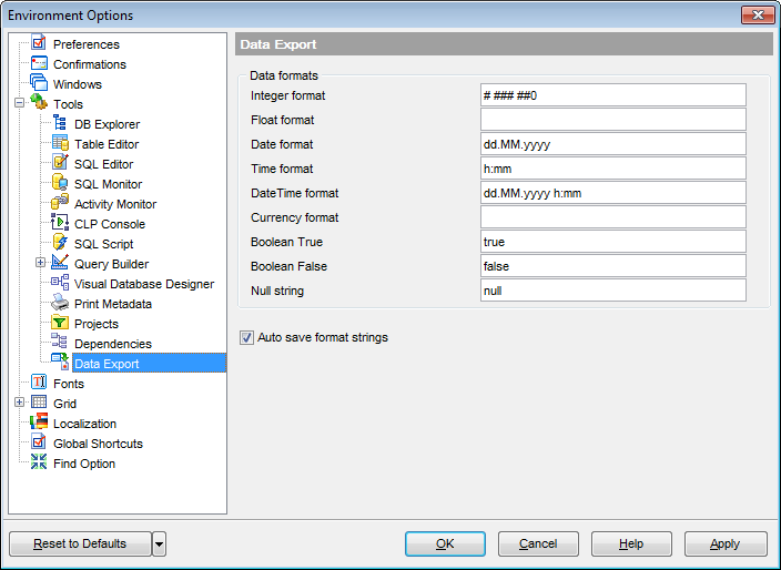 Environment Options - Tools - Data Export