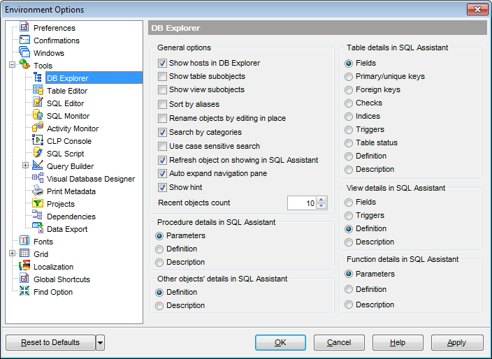 Environment Options - Tools - DB Explorer