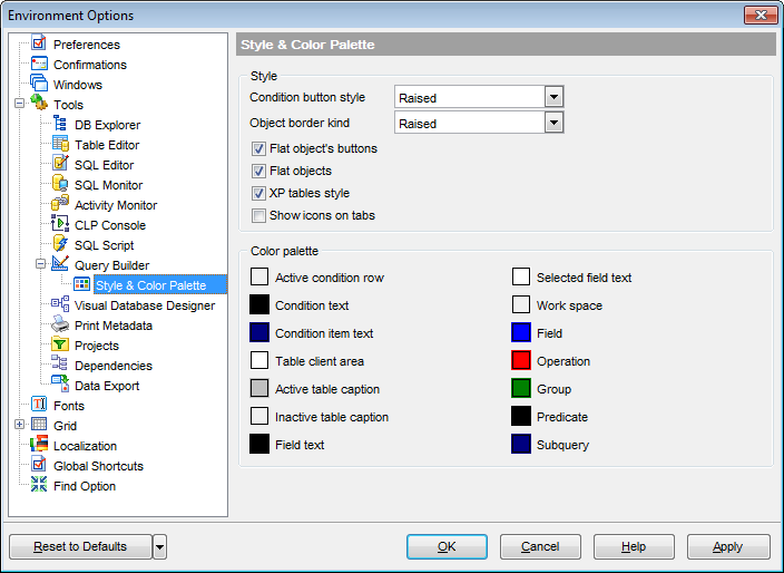 Environment Options - Tools - Query Builder - Style & Color