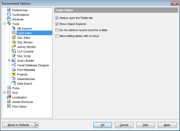 Environment Options - Tools - Table Editor