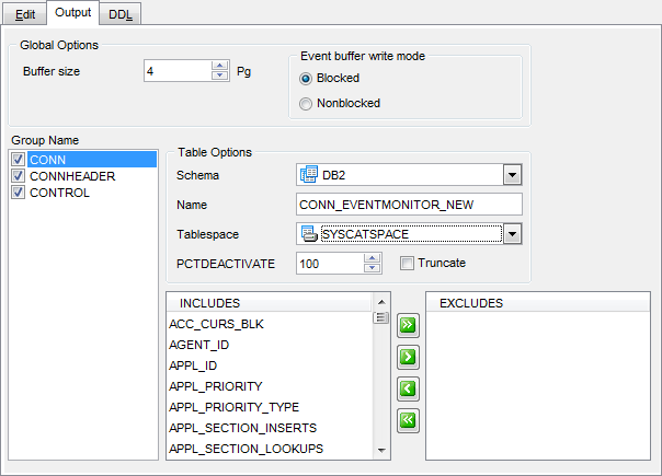 Event Monitor Editor - Setting Output - Table