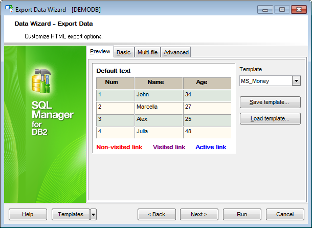 Export Data - Format-specific options - HTML