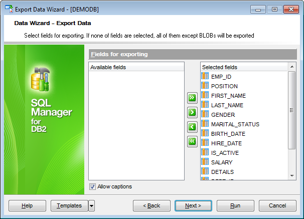 Export Data - Selecting fields for export