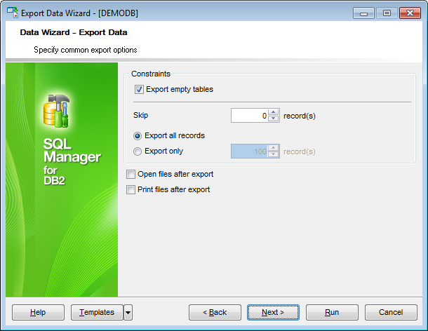 Export Data - Setting common export options