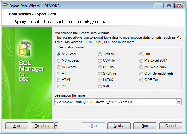 Export Data - Setting destination file name and format