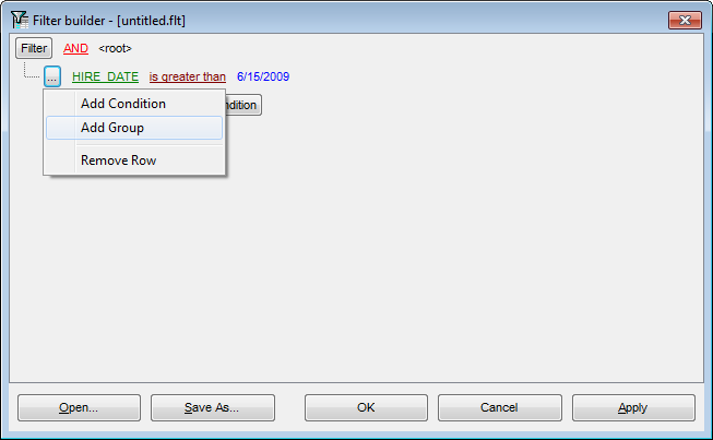 Filter Builder dialog - Adding a new group