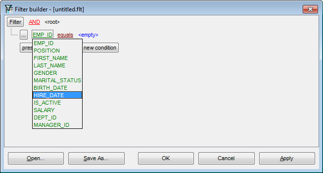 Filter Builder dialog - Setting filter criteria