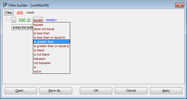 Filter Builder dialog - Setting filter operator