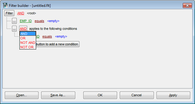 Filter Builder dialog - Setting group operator