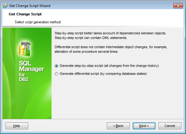 Get change script wizard - Selecting script generation method