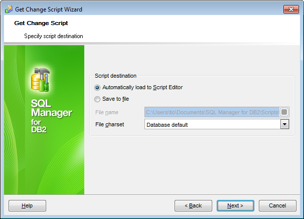 Get change script wizard - Specifying script destination