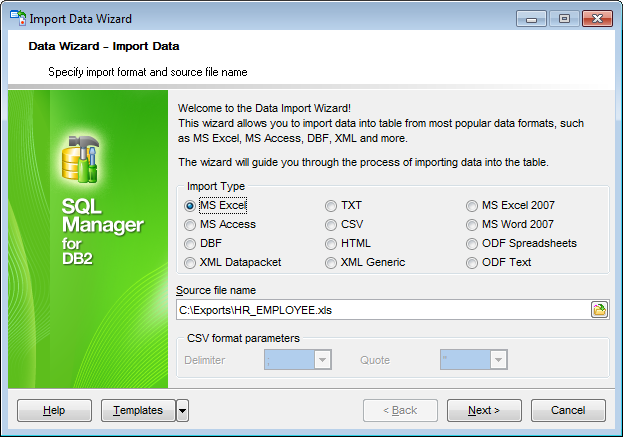Import Data - Selecting source file name and format