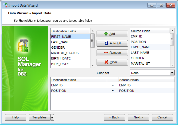 Import Data - Setting fields correspondence - DBF