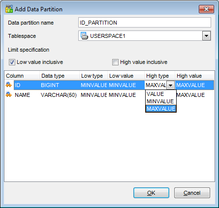 New table - Managing partitions - Partition editor