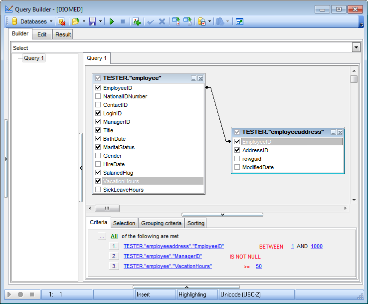 Query Builder - Working with diagram area