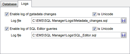 Register Database wizard - Existing entry - Specific options - Logs
