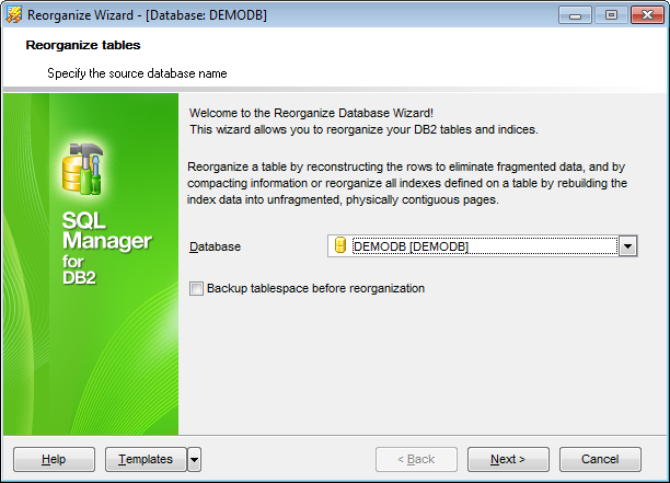 Reorganize Tables - Setting DB name and backup option