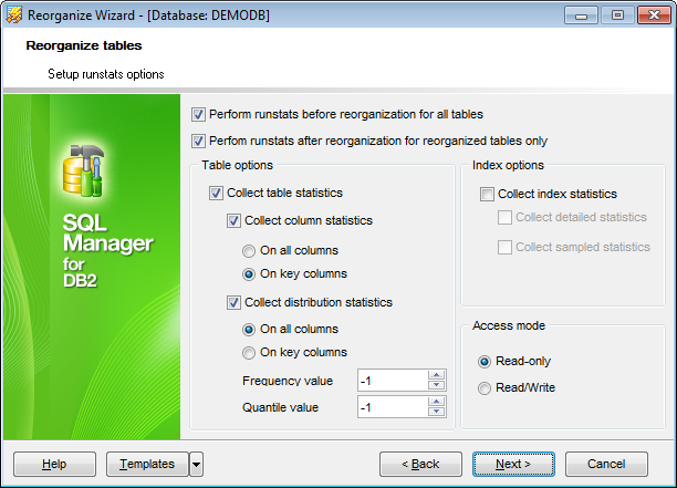 Reorganize Tables - Setting runstats options