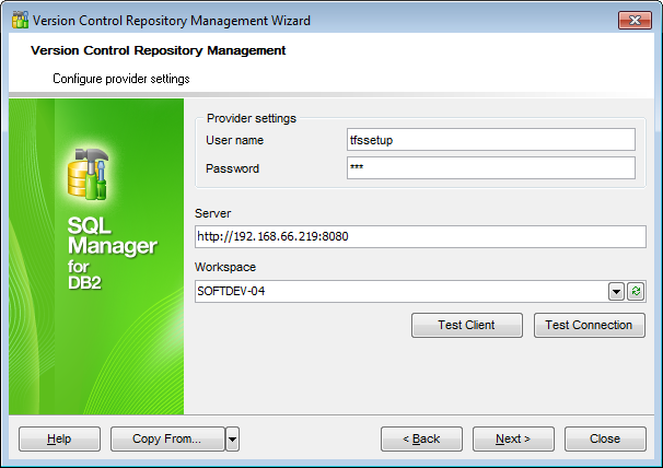 Repository management wizard - Configuring provider settings - TFS