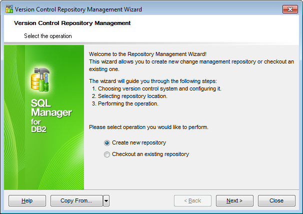 Repository management wizard - Selecting operation