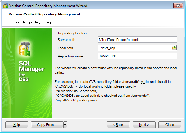 Repository management wizard - Specify repository settings