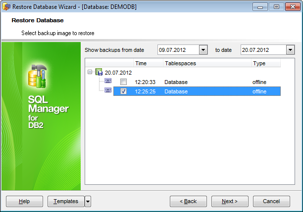 Restore Database - Selecting backup image