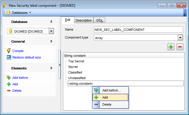 Security Label Component Editor - Editing security label component definition