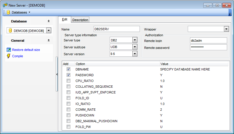 Server Editor - Editing server definition