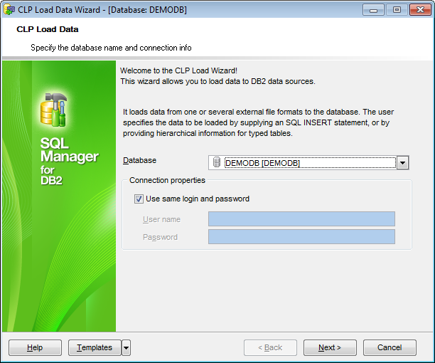 Specific DB Tools - Load service - specifying the DB name and connection parameters