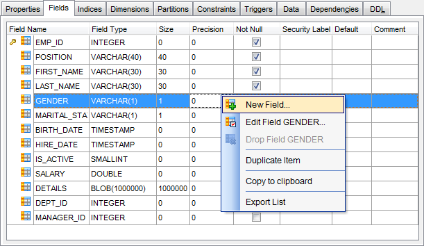 Table Editor - Managing fields