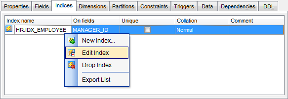 Table Editor - Managing indexes