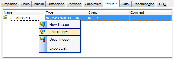 Table Editor - Managing triggers