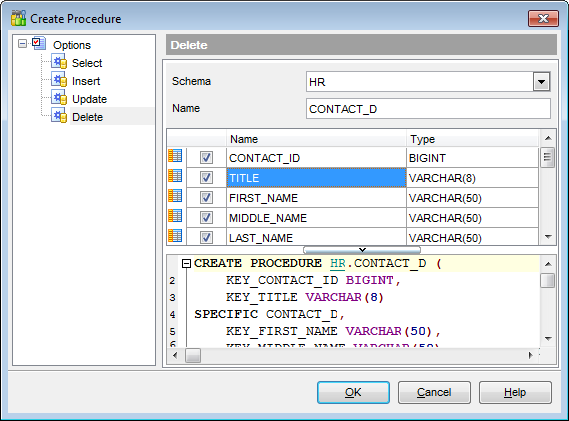 Tables - Create Procedure from Table - DELETE