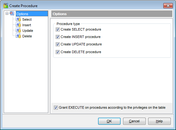 Tables - Create Procedure from Table - Options