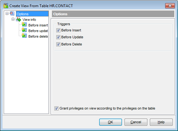 Tables - Create View from Table - Options