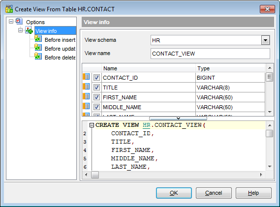 Tables - Create View from Table - View info