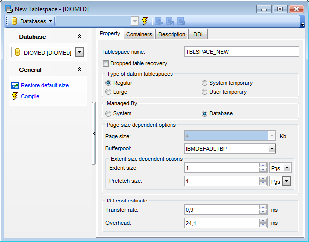 Tablespace Editor - Editing tablespace definition