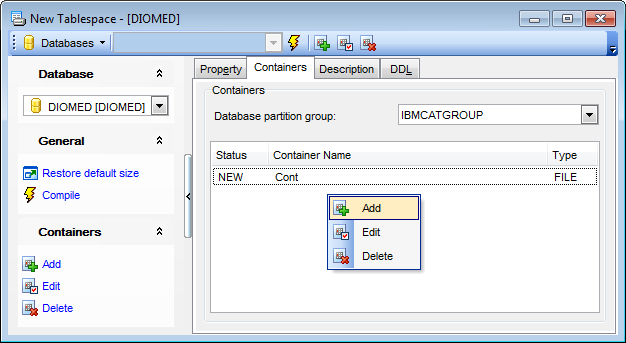 Tablespace Editor - Managing containers
