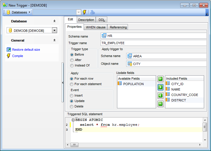 Trigger Editor - Editing trigger definition - Properties