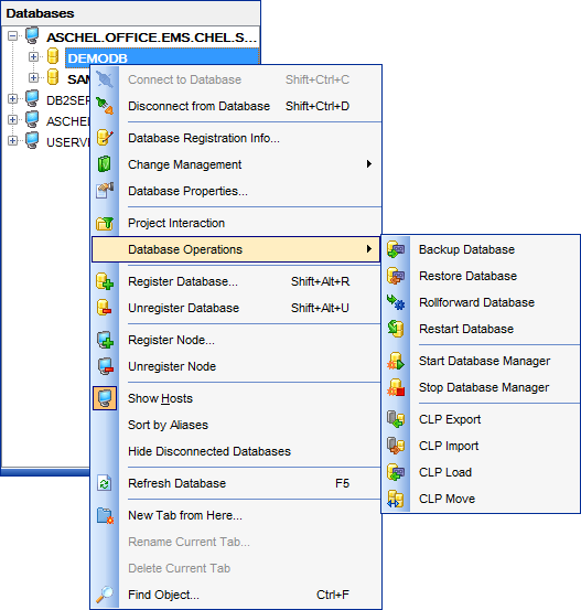 Using context menus - Database context menu